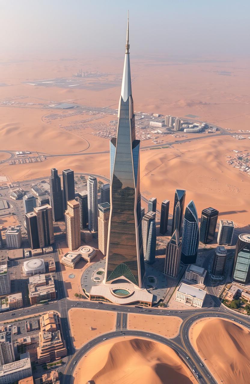 a stunning aerial view of the tallest city in North Africa, featuring the tallest mall in the region