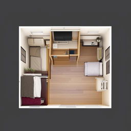 A 13ft x 8ft bedroom layout, thoughtfully arranged to optimize functionality and comfort, taking into consideration the limited space. It features a bed, wardrobe, and a small seating area.