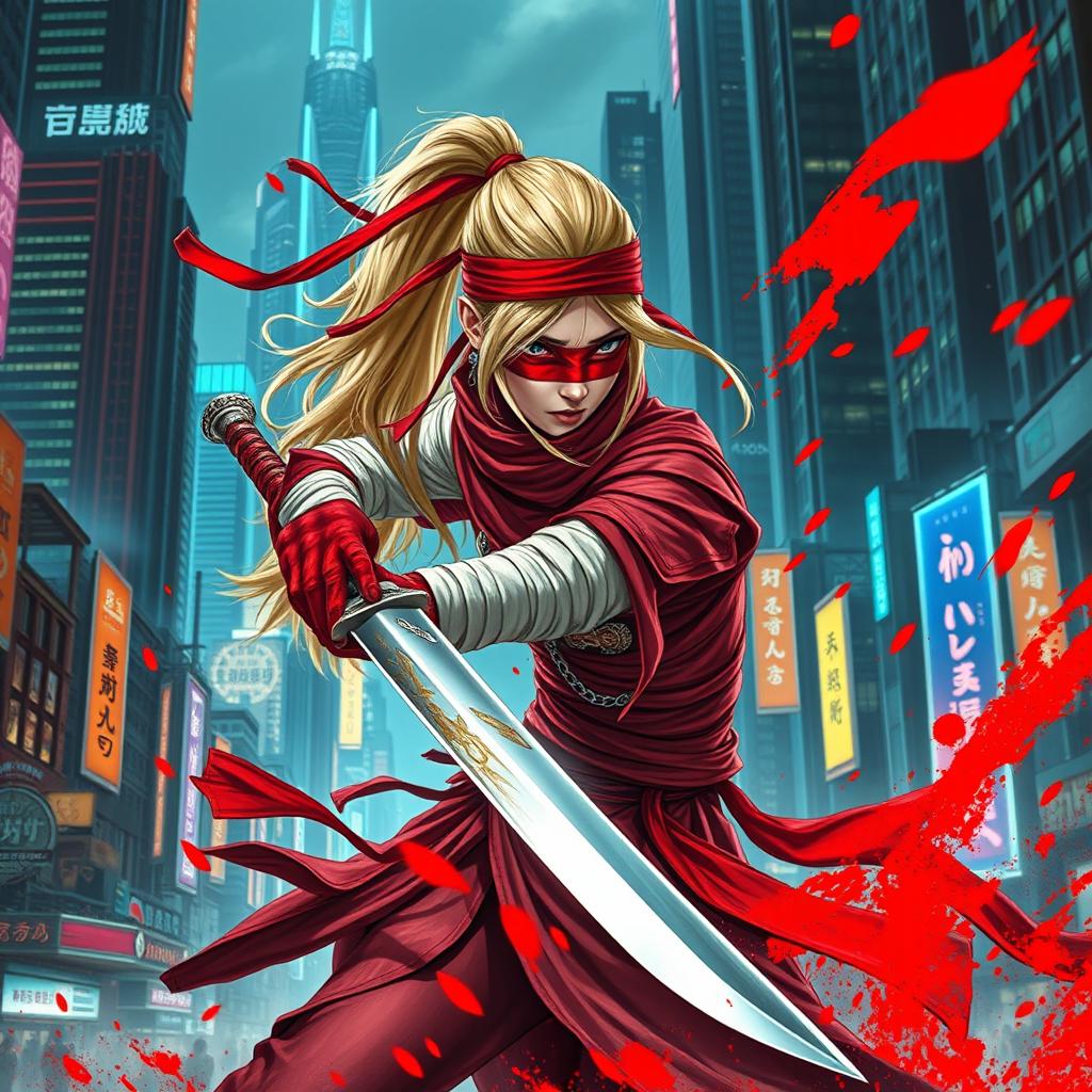 A female warrior with a long blonde ponytail, wrapped in long flowing red bandages, a red blindfold covering her eyes, dynamically slashing with a sword