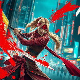 A female warrior with a long blonde ponytail, wrapped in long flowing red bandages, a red blindfold covering her eyes, dynamically slashing with a sword