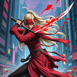 A female warrior with a long blonde ponytail, wrapped in long flowing red bandages, a red blindfold covering her eyes, dynamically slashing with a sword