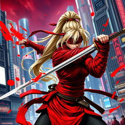 A female warrior with a long blonde ponytail, wrapped in long flowing red bandages, a red blindfold covering her eyes, dynamically slashing with a sword