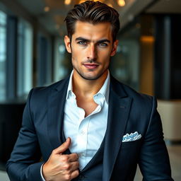 A charismatic and seductive man with an alluring gaze and confident posture, dressed in a sharp, tailored suit