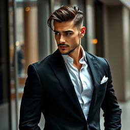 A charismatic and seductive man with an alluring gaze and confident posture, dressed in a sharp, tailored suit