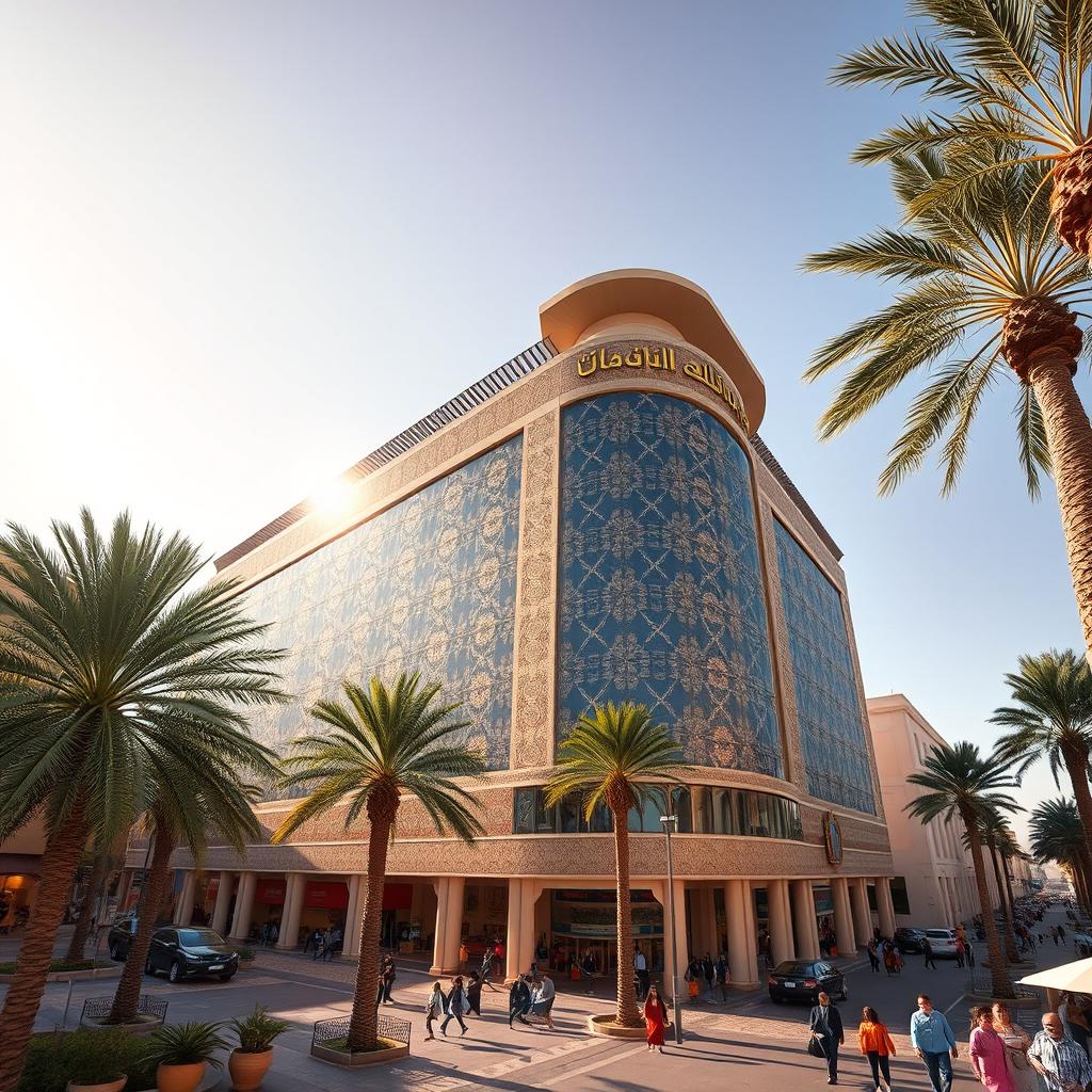 a spectacular view of a mall building in North Africa, blending traditional North African architectural elements with modern design aesthetics