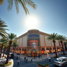 a spectacular view of a mall building in North Africa, blending traditional North African architectural elements with modern design aesthetics