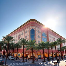 a spectacular view of a mall building in North Africa, blending traditional North African architectural elements with modern design aesthetics