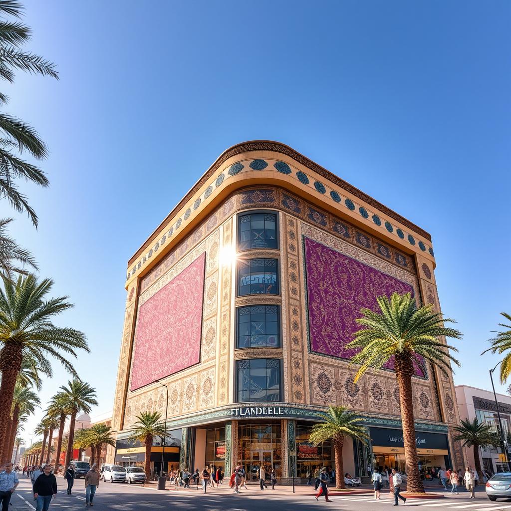 a spectacular view of a mall building in North Africa, blending traditional North African architectural elements with modern design aesthetics