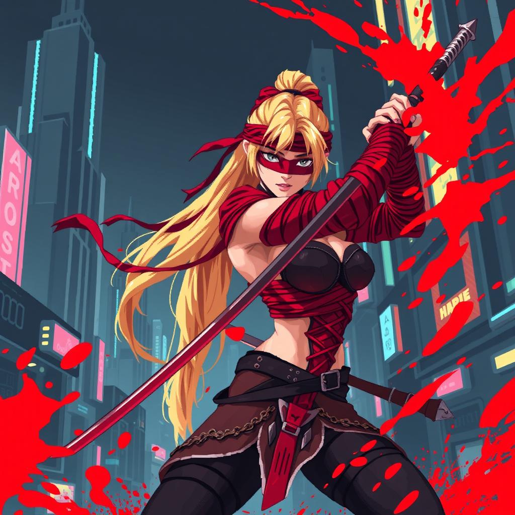 16-bit pixel art, depicting a female warrior with a long blonde ponytail wrapped in flowing red bandages, wearing a red blindfold