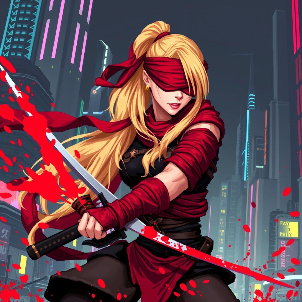 16-bit pixel art, depicting a female warrior with a long blonde ponytail wrapped in flowing red bandages, wearing a red blindfold