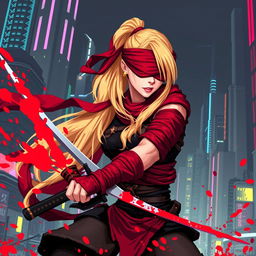 16-bit pixel art, depicting a female warrior with a long blonde ponytail wrapped in flowing red bandages, wearing a red blindfold