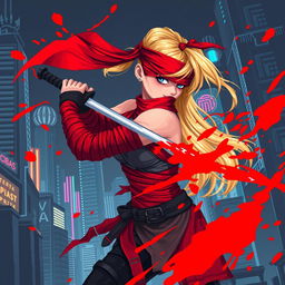 16-bit pixel art, depicting a female warrior with a long blonde ponytail wrapped in flowing red bandages, wearing a red blindfold