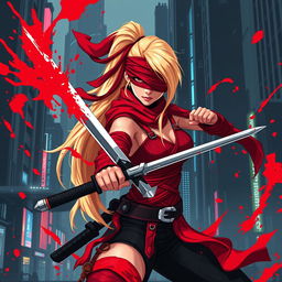 16-bit pixel art, depicting a female warrior with a long blonde ponytail wrapped in flowing red bandages, wearing a red blindfold