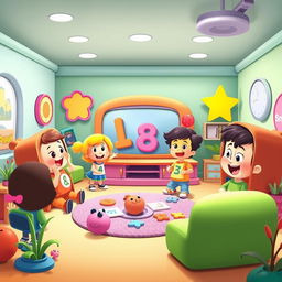 an imaginative and colorful scene inspired by the style of a children's educational TV show, featuring friendly cartoon characters engaging in fun and educational activities