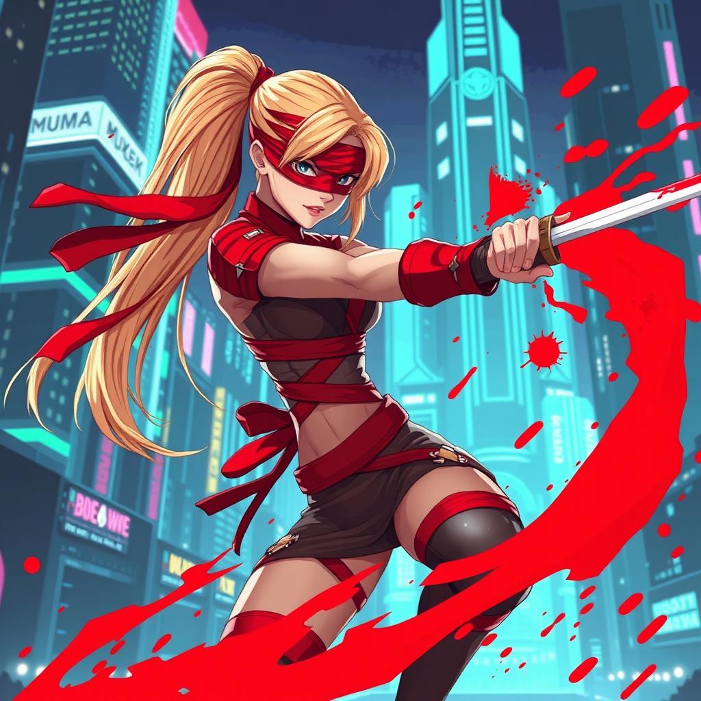 A female character in pixel art style with a long blonde ponytail, wrapped in flowing red bandages, and wearing a red blindfold