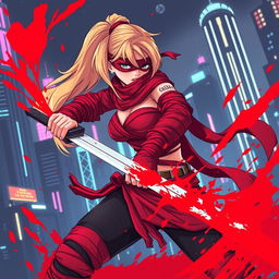 A female character in pixel art style with a long blonde ponytail, wrapped in flowing red bandages, and wearing a red blindfold