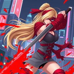 A female character in pixel art style with a long blonde ponytail, wrapped in flowing red bandages, and wearing a red blindfold