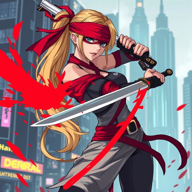 A female character in pixel art style with a long blonde ponytail, wrapped in flowing red bandages, and wearing a red blindfold