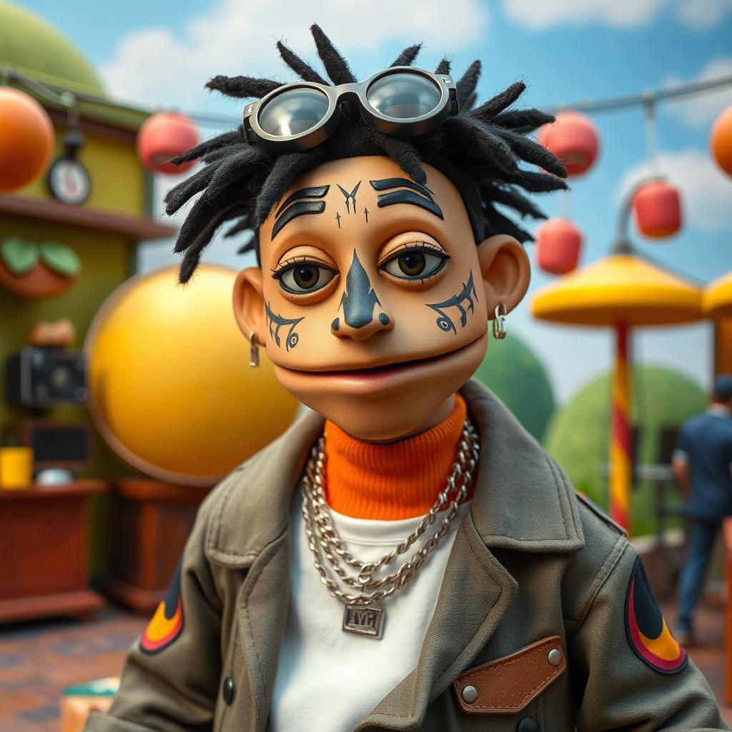 A puppet inspired by Russian rapper Oleg Nechiporenko, known as Kizaru, styled in the aesthetic of "James and the Giant Peach