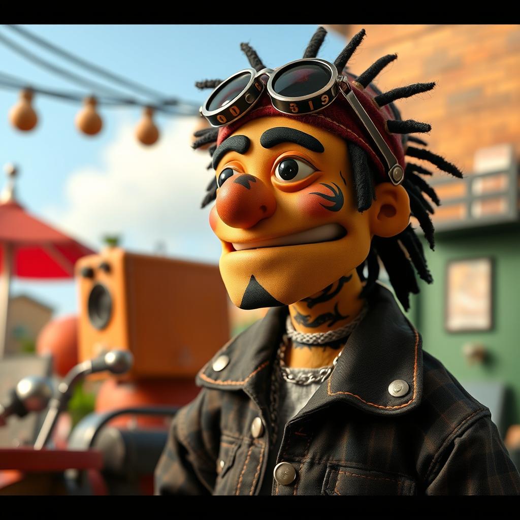 A puppet inspired by Russian rapper Oleg Nechiporenko, known as Kizaru, styled in the aesthetic of "James and the Giant Peach