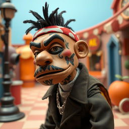 A puppet inspired by Russian rapper Oleg Nechiporenko, known as Kizaru, styled in the aesthetic of "James and the Giant Peach