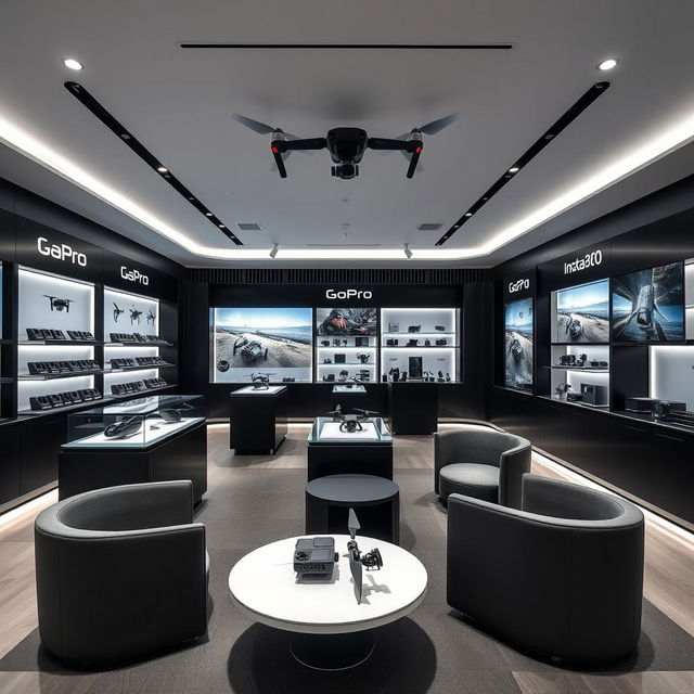 An elegant and comfortable retail store design covering an area of 32 square meters, dedicated to selling drones, GoPro cameras, and insta360 devices