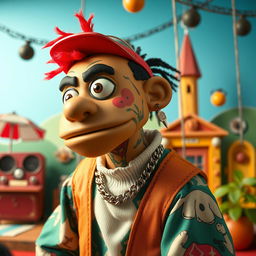 A puppet inspired by Russian rapper Oleg Nechiporenko, known as Kizaru, styled in the aesthetic of "James and the Giant Peach