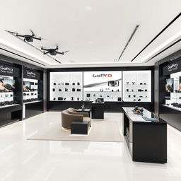 An elegant and comfortable retail store design covering an area of 32 square meters, dedicated to selling drones, GoPro cameras, and insta360 devices