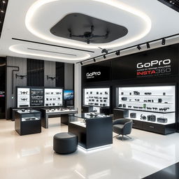 An elegant and comfortable retail store design covering an area of 32 square meters, dedicated to selling drones, GoPro cameras, and insta360 devices