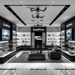 An elegant and comfortable retail store design covering an area of 32 square meters, dedicated to selling drones, GoPro cameras, and insta360 devices