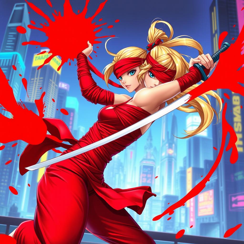 A female character with a long blonde ponytail wrapped in flowing red bandages and wearing a red blindfold