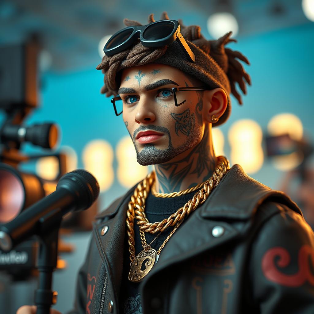 Design an action figure inspired by Russian rapper Oleg Nechiporenko, known as Kizaru, featuring detailed face tattoos and iconic streetwear fashion