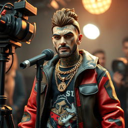 Design an action figure inspired by Russian rapper Oleg Nechiporenko, known as Kizaru, featuring detailed face tattoos and iconic streetwear fashion