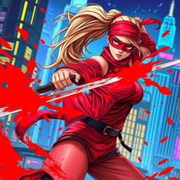 A female character with a long blonde ponytail wrapped in flowing red bandages and wearing a red blindfold