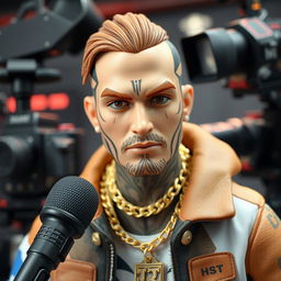 Design an action figure inspired by Russian rapper Oleg Nechiporenko, known as Kizaru, featuring detailed face tattoos and iconic streetwear fashion