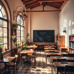 A charming Spanish café intertwined with a classroom setting, combining elements of traditional Spanish architecture with scholastic features