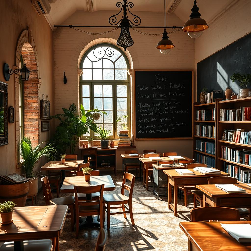 A charming Spanish café intertwined with a classroom setting, combining elements of traditional Spanish architecture with scholastic features