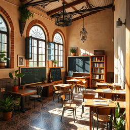 A charming Spanish café intertwined with a classroom setting, combining elements of traditional Spanish architecture with scholastic features