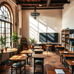 A charming Spanish café intertwined with a classroom setting, combining elements of traditional Spanish architecture with scholastic features