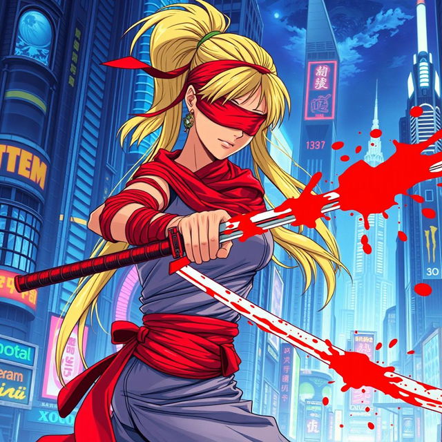 A dynamic 1980s anime scene depicting a female warrior with a long blonde ponytail wrapped in flowing red bandages