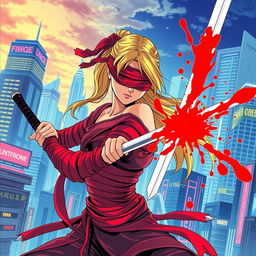 A dynamic 1980s anime scene depicting a female warrior with a long blonde ponytail wrapped in flowing red bandages