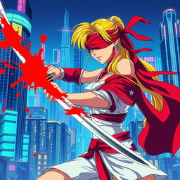 A dynamic 1980s anime scene depicting a female warrior with a long blonde ponytail wrapped in flowing red bandages