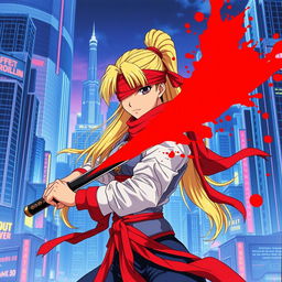 A dynamic 1980s anime scene depicting a female warrior with a long blonde ponytail wrapped in flowing red bandages