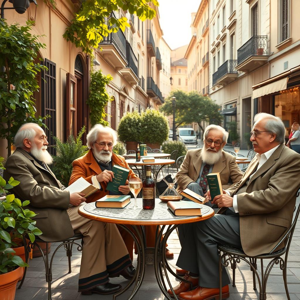 A group of notable Nobel Prize winners in Spanish literature casually sitting at a charming outdoor café