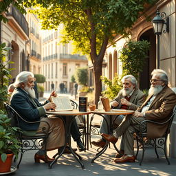 A group of notable Nobel Prize winners in Spanish literature casually sitting at a charming outdoor café