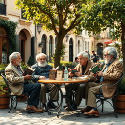 A group of notable Nobel Prize winners in Spanish literature casually sitting at a charming outdoor café