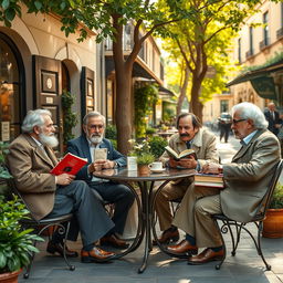 A group of notable Nobel Prize winners in Spanish literature casually sitting at a charming outdoor café