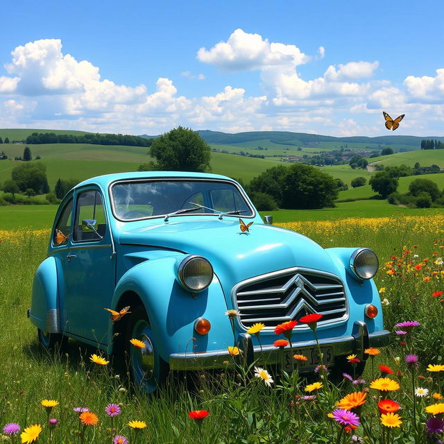 A vintage Citroën Dyane car parked in a scenic countryside setting, surrounded by lush green fields and vibrant wildflowers