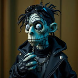 Create a puppet inspired by Russian rapper Kizaru, styled in the distinctive Tim Burton film aesthetic