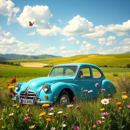 A vintage Citroën Dyane car parked in a scenic countryside setting, surrounded by lush green fields and vibrant wildflowers